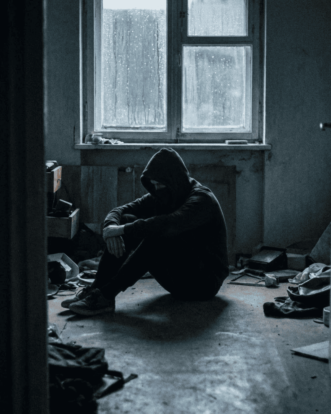 Depresion - una vida con valor (1) Persona sentada en el suelo junto a una ventana, imagen simbólica de depresión y aislamiento | Una vida con valor